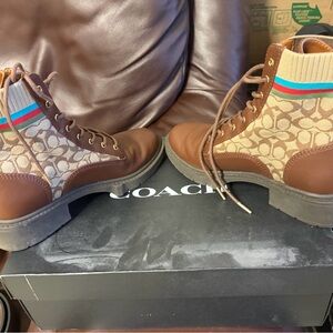 Coach Brown and Beige Ankle Boots with Colorful Stripe